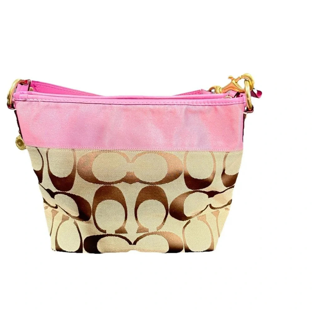 Vtg Coach Zoe Signature Baby Pink Tan Hobo Bag jacquard canvas leather Purse